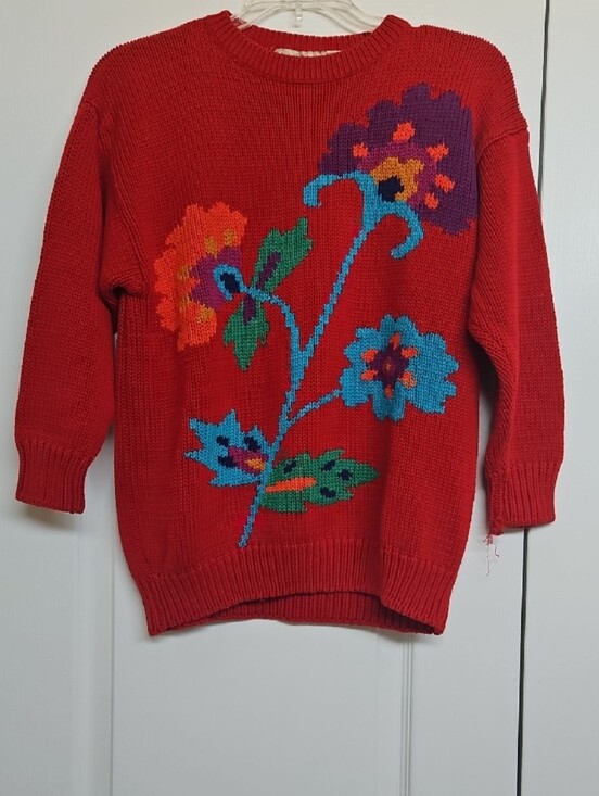 Liz Claiborne Sweaters - Vintage 90s Liz Claiborne Hand Knit Sweater Grandmacore 4P Red Floral Chic